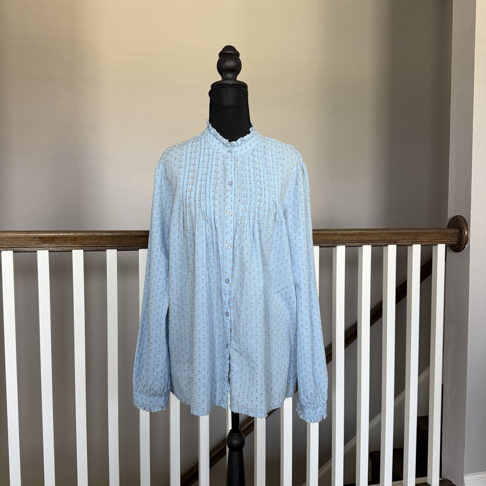 Sundance Phillips Blue Pintuck Swiss‎ Dot Long Sleeve Burton Down Top Large Boho